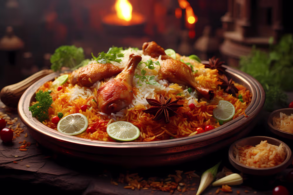 Close-up of Chicken Biryani Recipe showing separate rice grains and tender marinated chicken pieces.