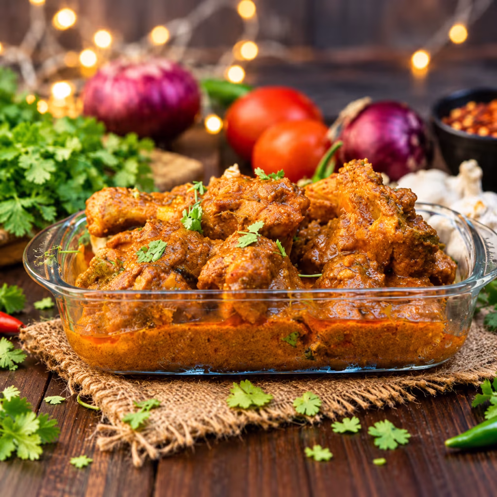 Pakistani-style chicken curry with tender, spice-coated chicken pieces in rich orange-brown gravy, garnished with fresh coriander and served in a glass dish.