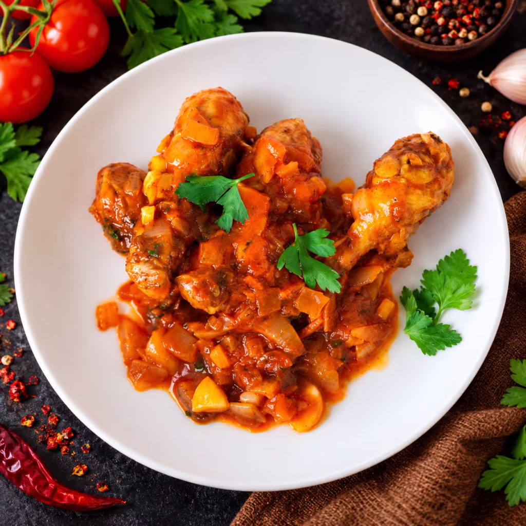 Pakistani-style chicken curry with tender chicken drumsticks in a rich, glossy tomato and onion sauce, garnished with fresh parsley on a white plate.