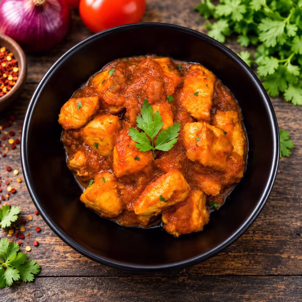 Pakistani chicken korma with tender chicken pieces in rich, thick reddish-orange gravy, garnished with fresh coriander and served in a black bowl on a rustic wooden table.