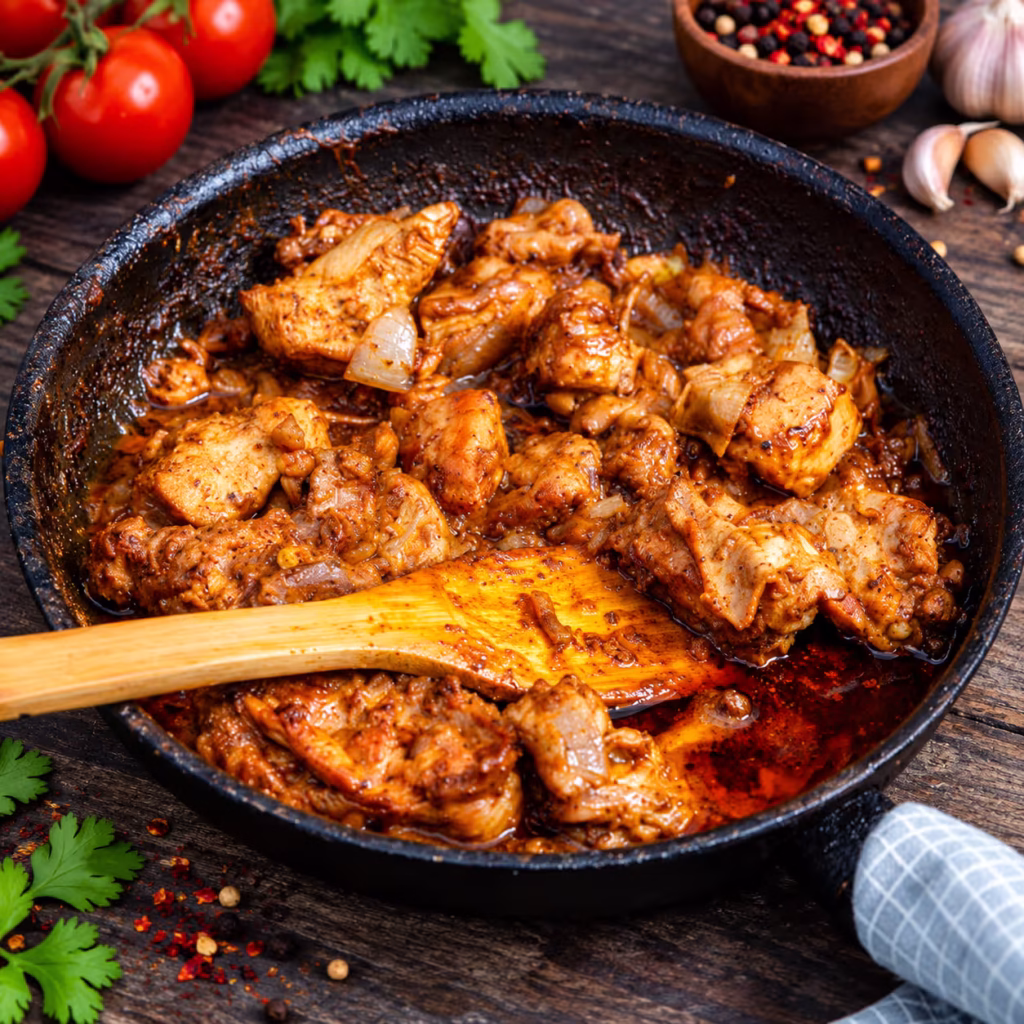 Pakistani-style chicken curry with tender, golden-brown chicken pieces and caramelized onions in a rich, spicy reddish-brown gravy, cooked in a black skillet with a wooden spatula.