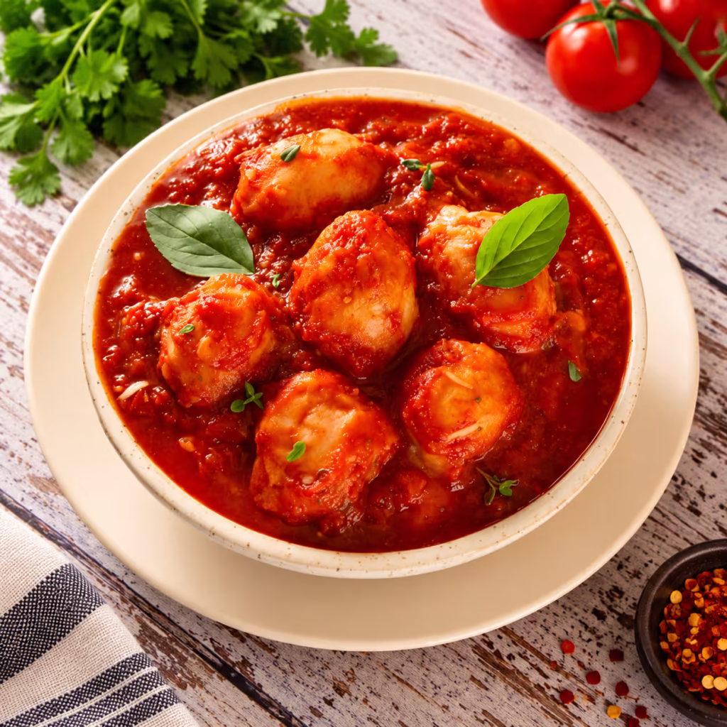 Pakistani Chicken Kofta Curry featuring tender chicken koftas in a rich, spicy red tomato gravy, garnished with fresh basil leaves and herbs, served in a cream-colored bowl.
