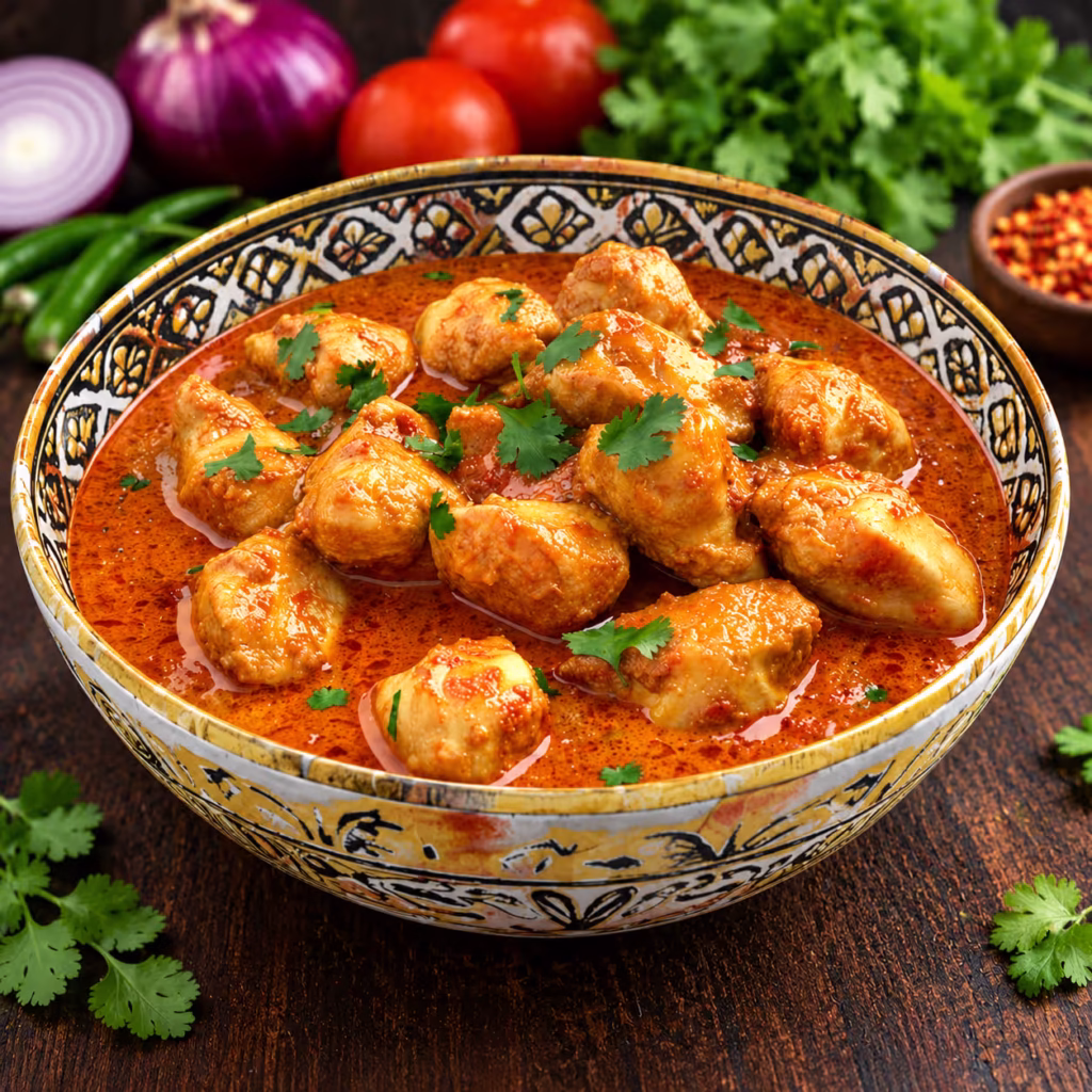 Authentic Pakistani chicken korma in a decorative bowl, featuring tender chicken pieces in rich reddish-orange curry gravy, garnished with fresh coriander and served without bread.