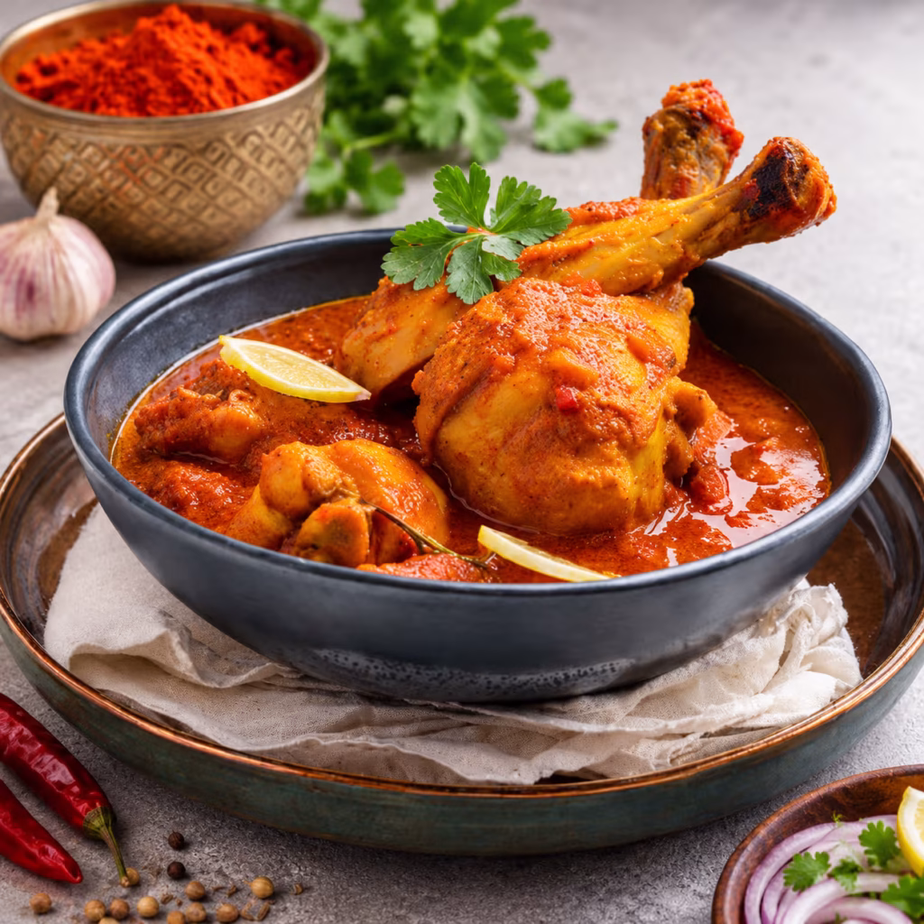 Pakistani Chicken Nihari featuring tender chicken drumsticks in a rich, spicy red-orange gravy, garnished with fresh coriander and lemon slices, served in a dark bowl.