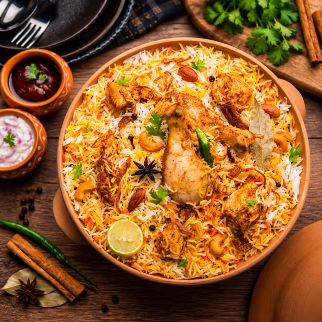 Pakistani chicken pulao with tender chicken pieces and fragrant basmati rice, garnished with fresh herbs, nuts, and whole spices, served with chutney and onion raita.