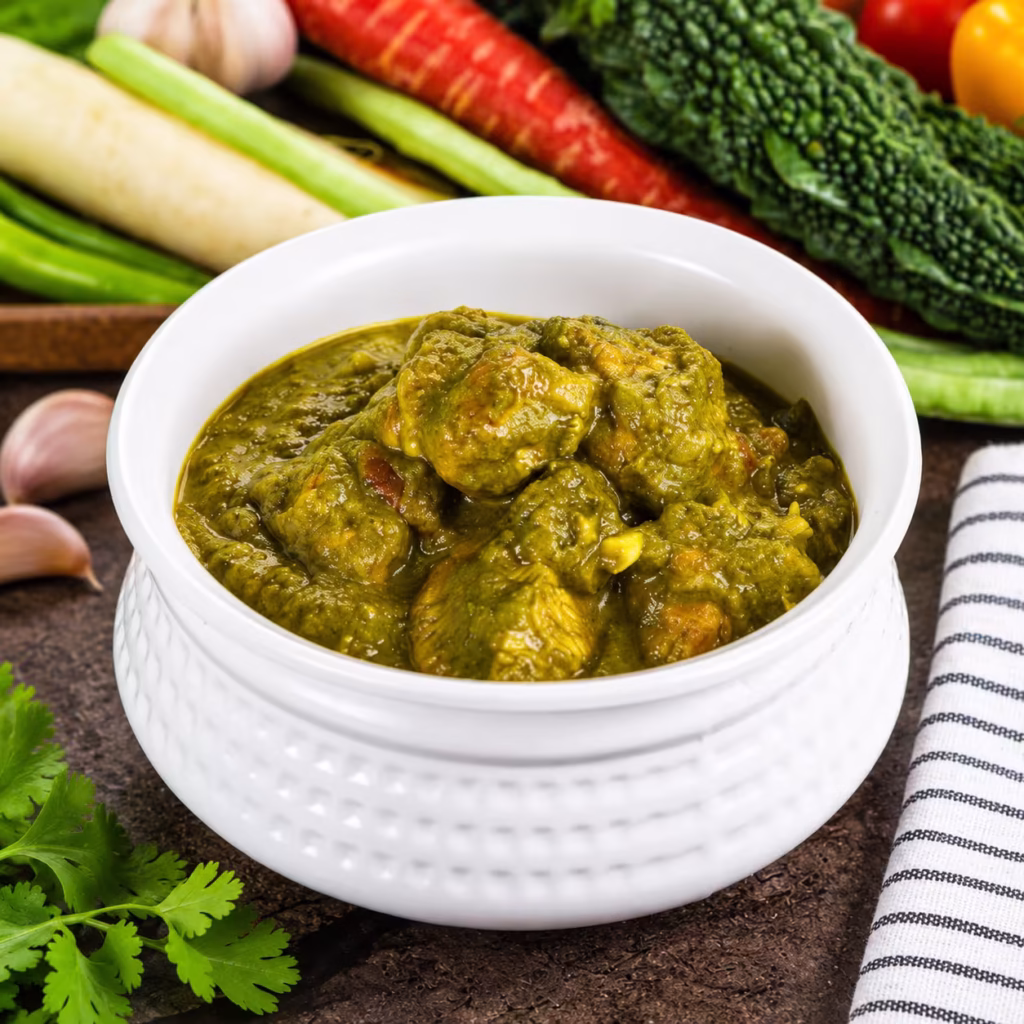 Pakistani chicken saag curry with tender chicken pieces in a rich green spinach gravy, served in a white ceramic bowl with fresh vegetables and herbs.