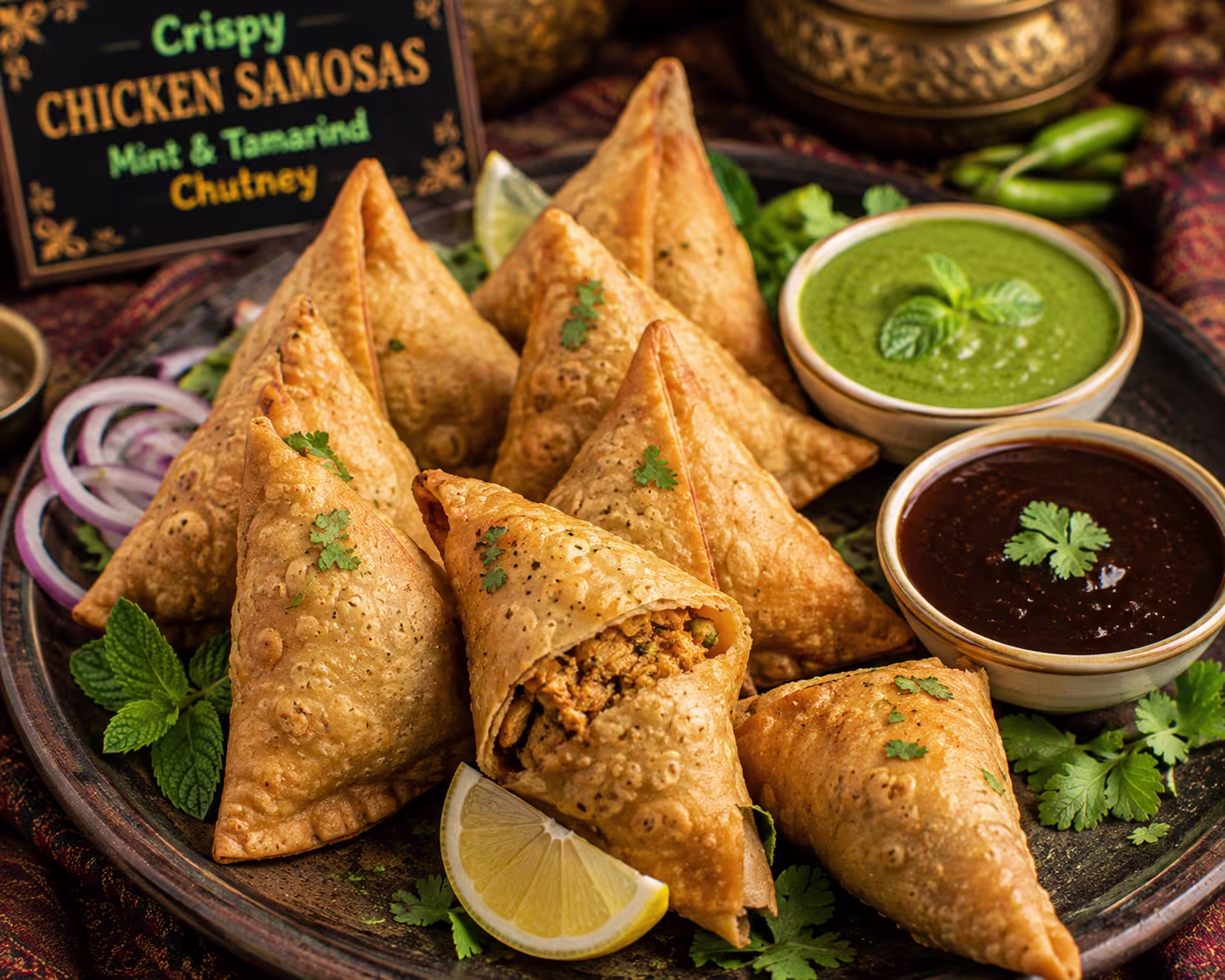 Crispy Pakistani-style chicken samosas served with mint and tamarind chutney