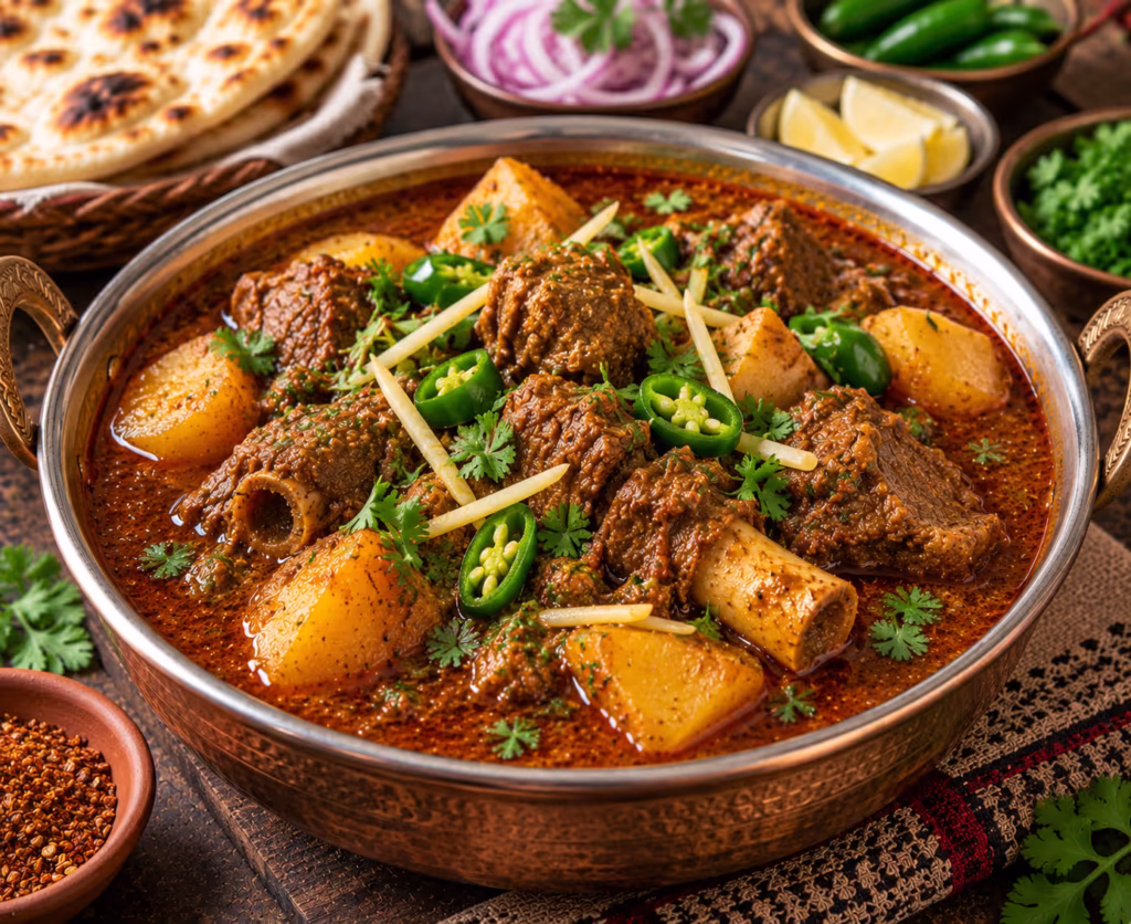 Aloo gosht recipe with tender mutton, potatoes, and rich Pakistani curry gravy