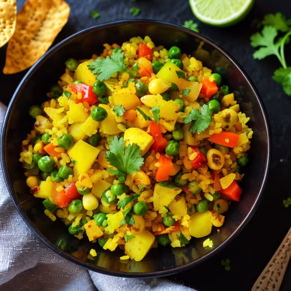 Pakistanisches Aloo Matar mit Kartoffelwürfeln, grünen Erbsen und würziger Tomaten-Masala-Soße