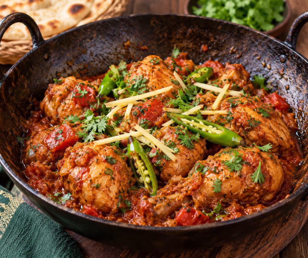 Authentic Pakistani chicken karahi with tomatoes ginger green chilies and fresh coriander