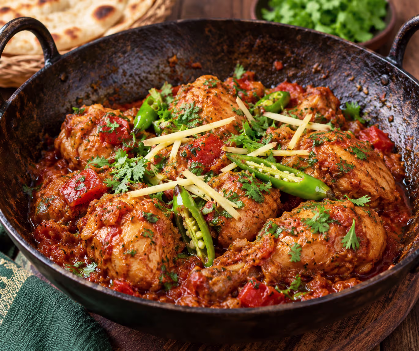 Authentic Pakistani chicken karahi with tomatoes ginger green chilies and fresh coriander