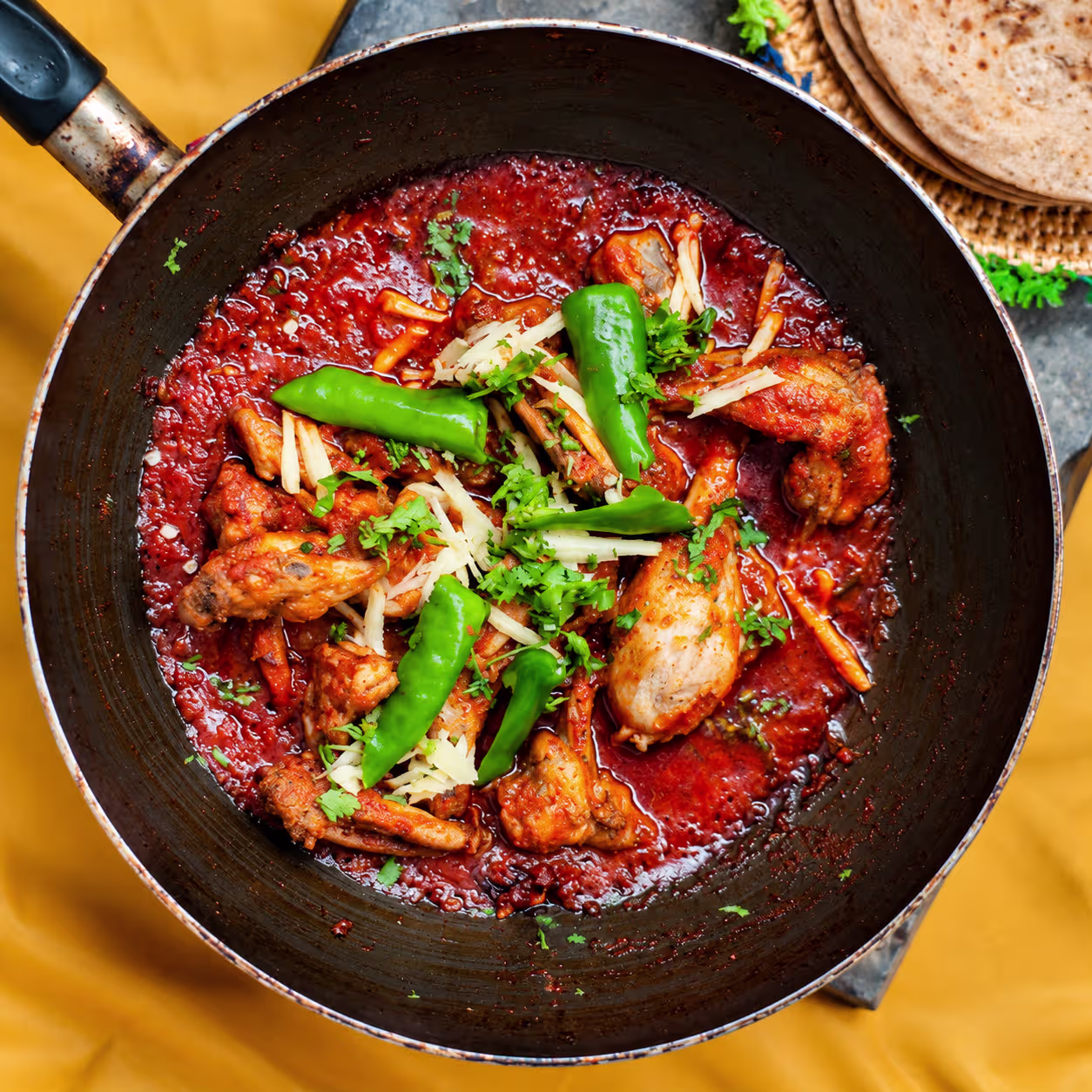 Green Chili Chicken Karahi mit grünen Chilis und Tomaten