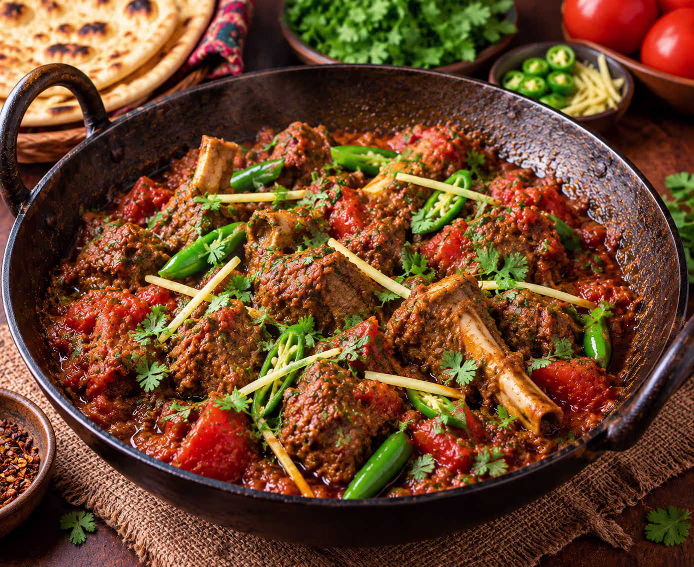 Authentic Pakistani lamb karahi with tender lamb tomatoes ginger green chilies and fresh coriander