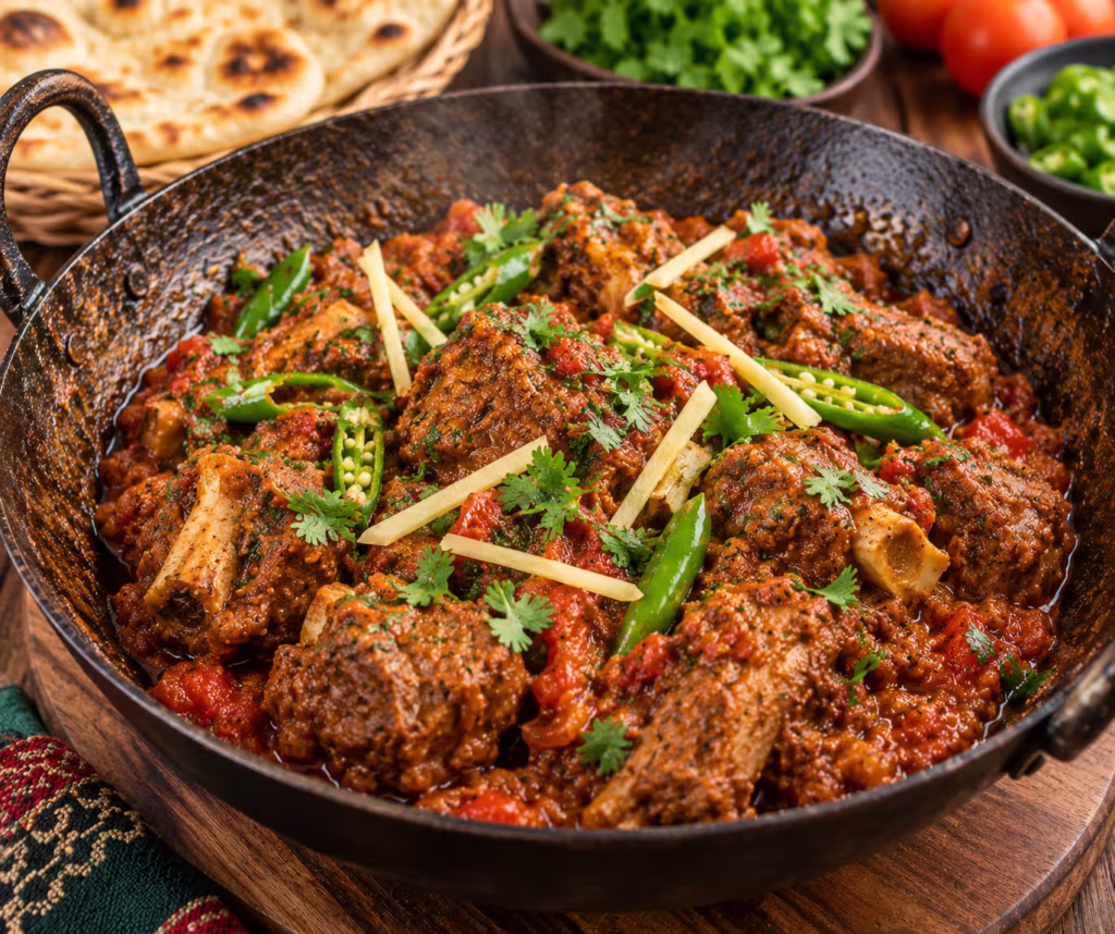 Authentic Pakistani mutton karahi with tender mutton tomatoes ginger green chilies and coriander