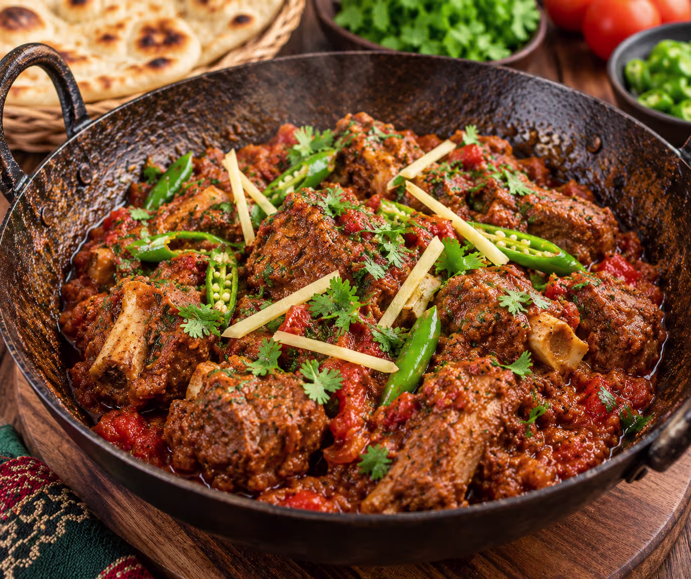 Authentic Pakistani mutton karahi with tender mutton tomatoes ginger green chilies and coriander