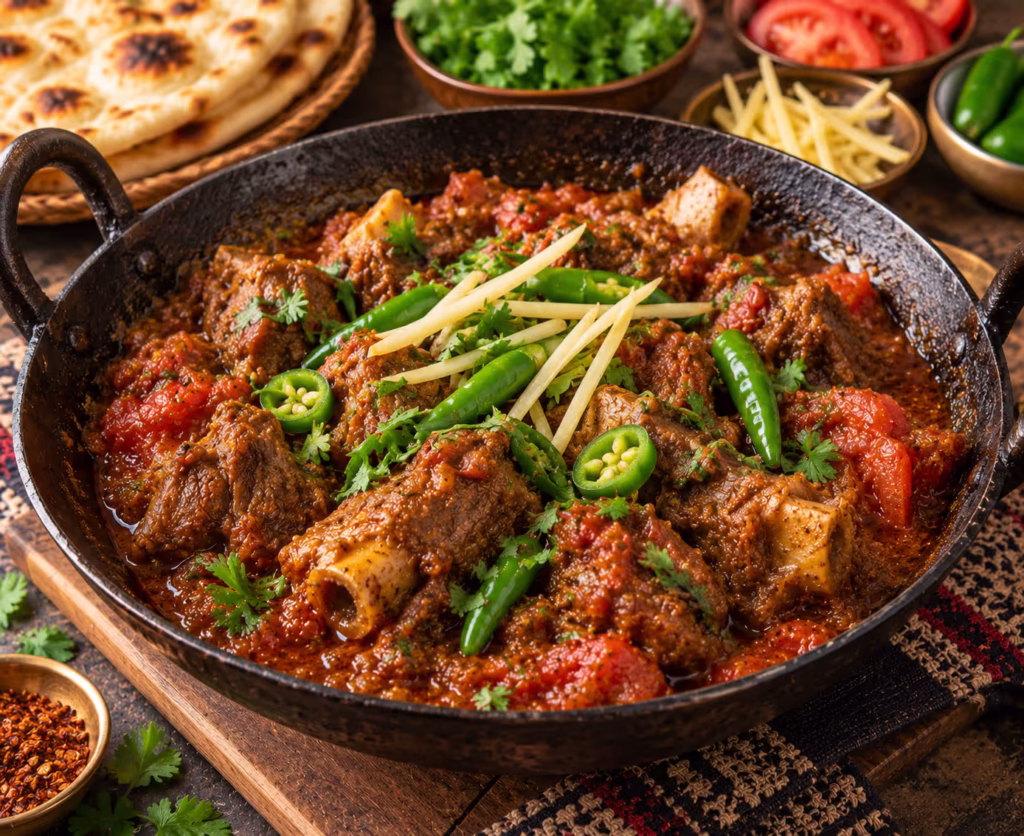 Mutton karahi recipe with tender mutton, tomatoes, ginger and green chilies