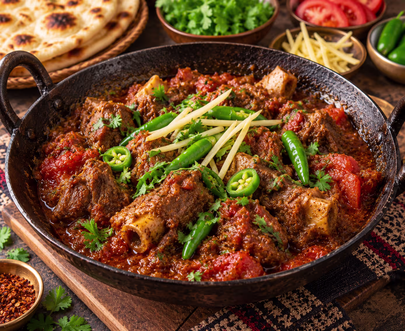 Mutton karahi recipe with tender mutton, tomatoes, ginger and green chilies