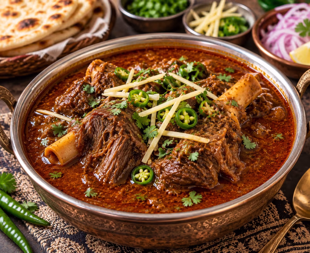Mutton nihari recipe with tender mutton, rich gravy, ginger and green chilies