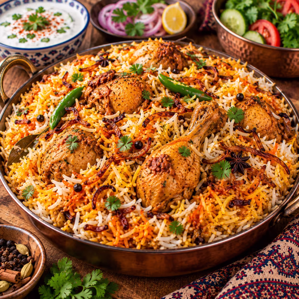 Traditional Pakistani biryani with fragrant basmati rice, chicken, spices and fried onions