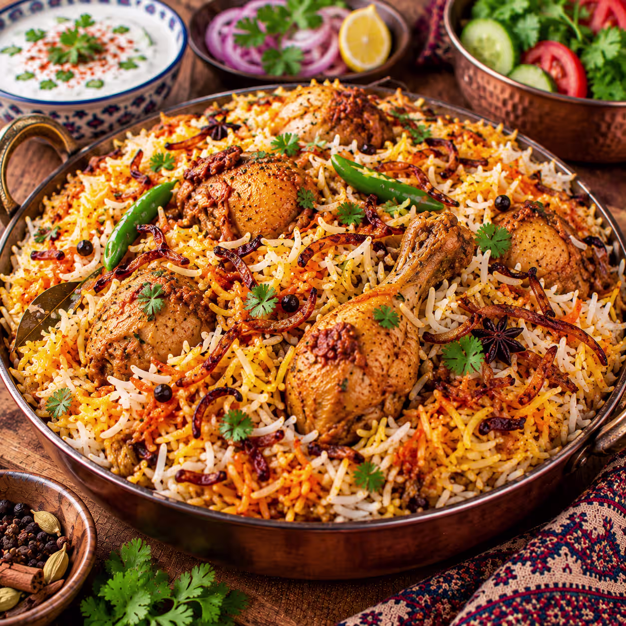 Traditional Pakistani biryani with fragrant basmati rice, chicken, spices and fried onions