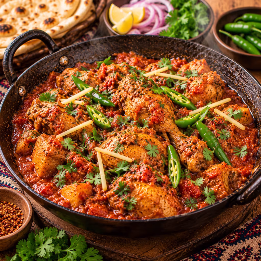 Traditional Pakistani chicken karahi with tender chicken, tomato masala, ginger, green chilies and fresh coriander