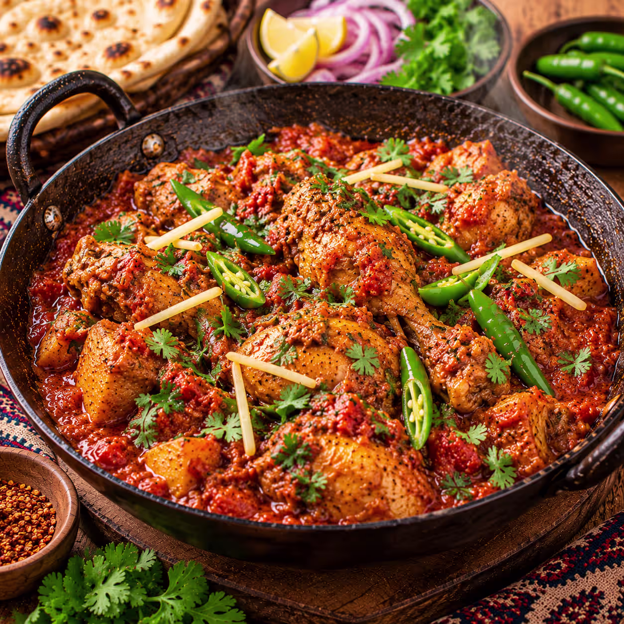 Traditional Pakistani chicken karahi with tender chicken, tomato masala, ginger, green chilies and fresh coriander