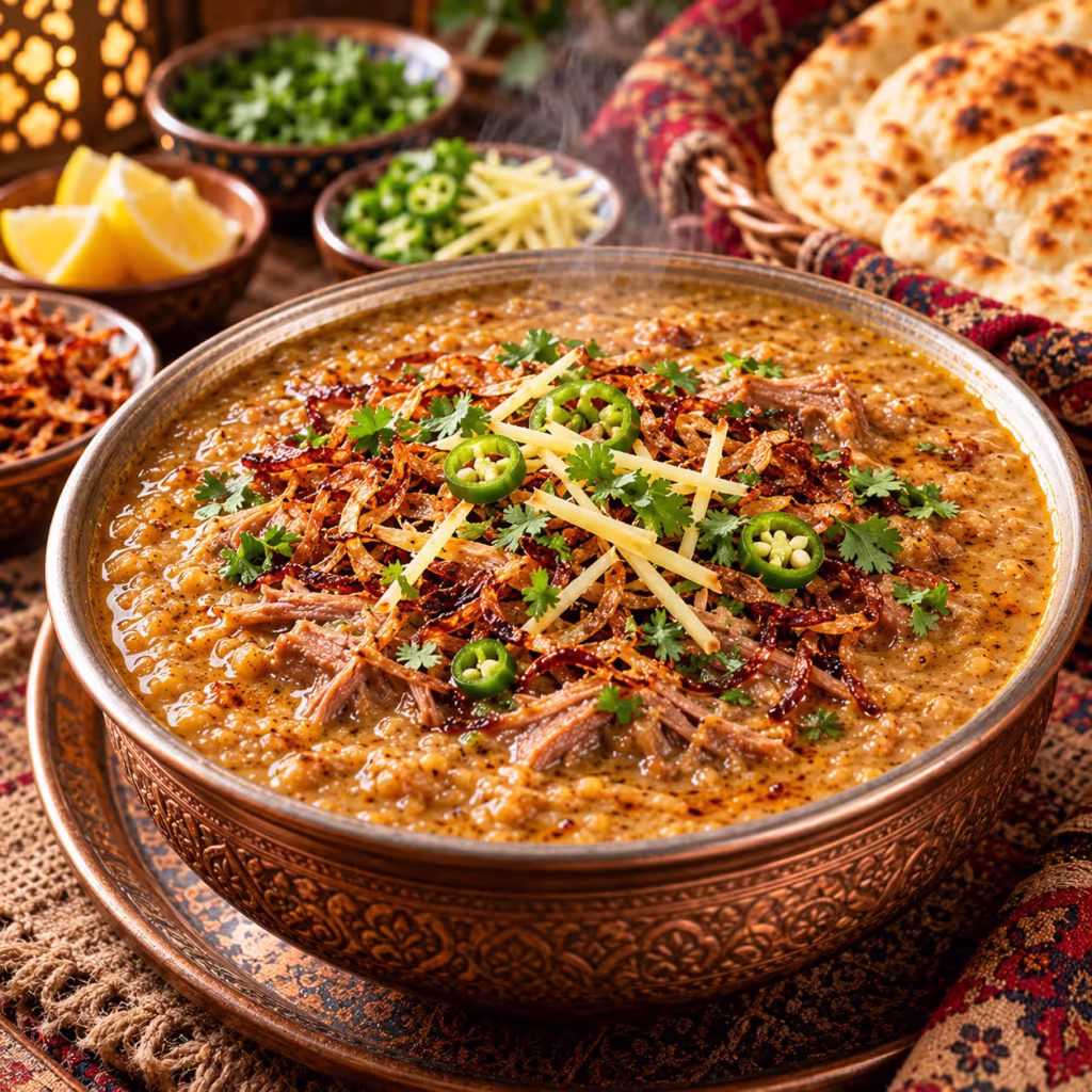 Traditional Pakistani haleem with lentils, meat, grains, fried onions, ginger, green chilies and fresh coriander