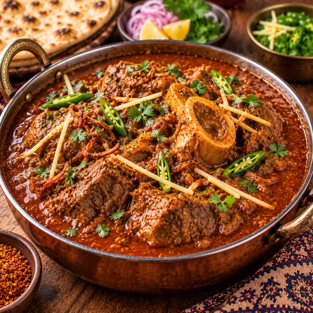 Traditional Pakistani nihari with tender beef, rich spiced gravy, ginger, green chilies and fresh coriander