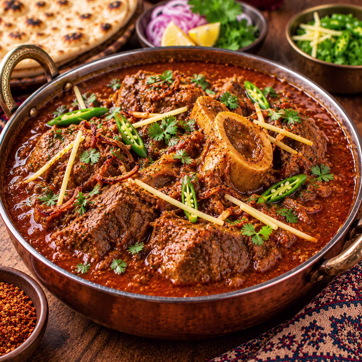 Traditional Pakistani nihari with tender beef, rich spiced gravy, ginger, green chilies and fresh coriander