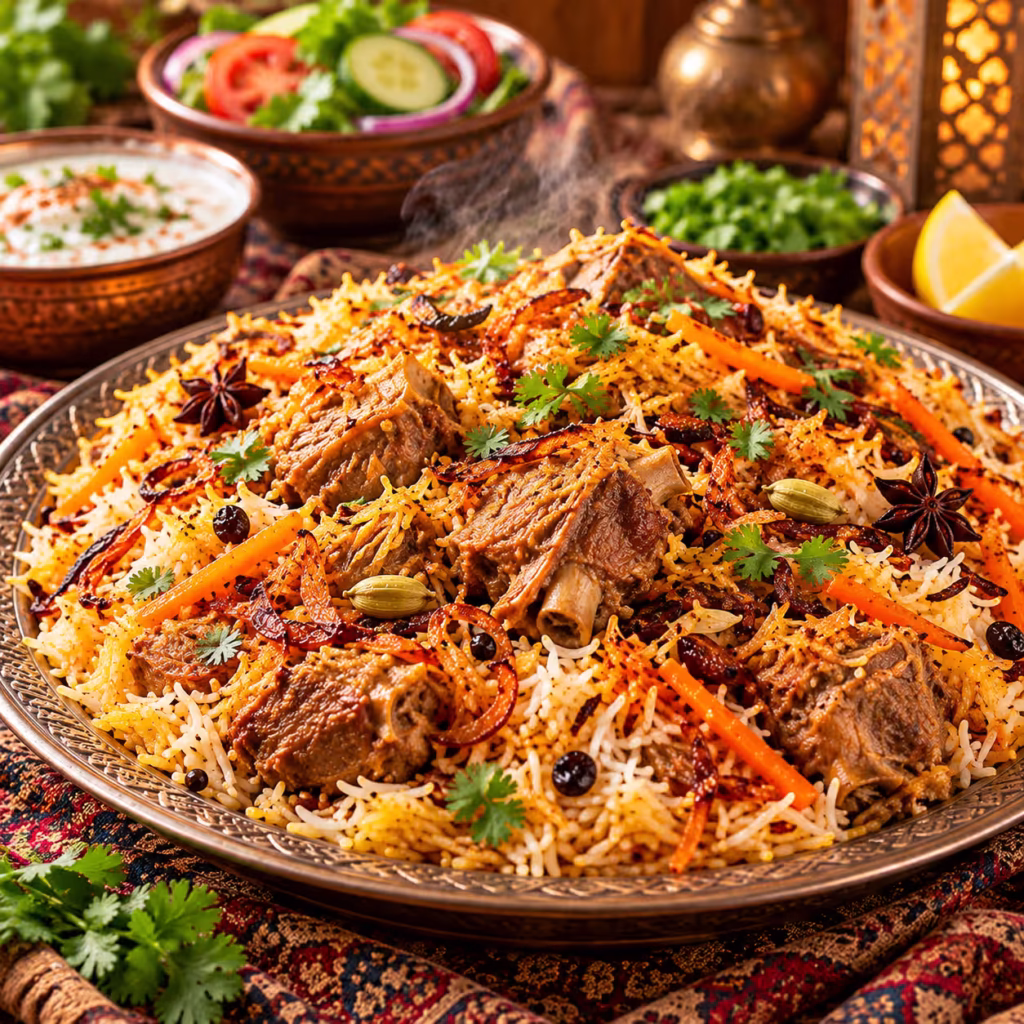 Traditional Pakistani pulao with fragrant basmati rice, tender meat, whole spices, fried onions and fresh coriander
