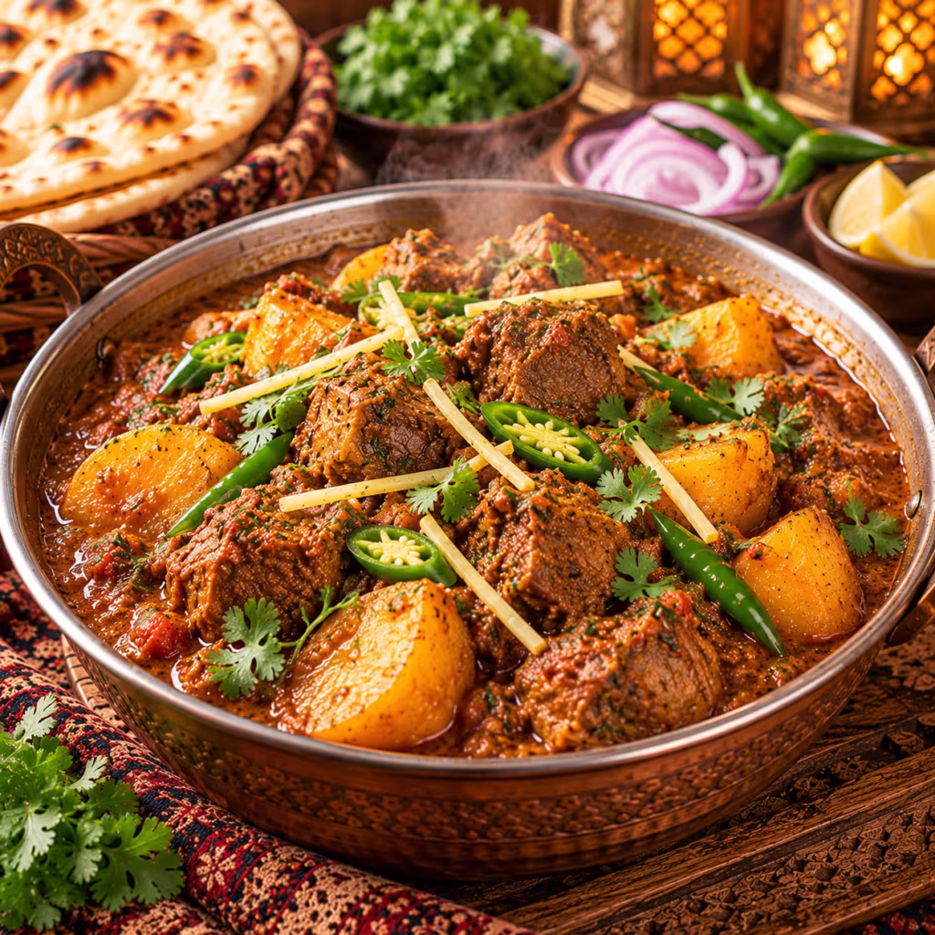 Traditional Punjabi aloo gosht with tender meat, potatoes, rich curry and fresh coriander