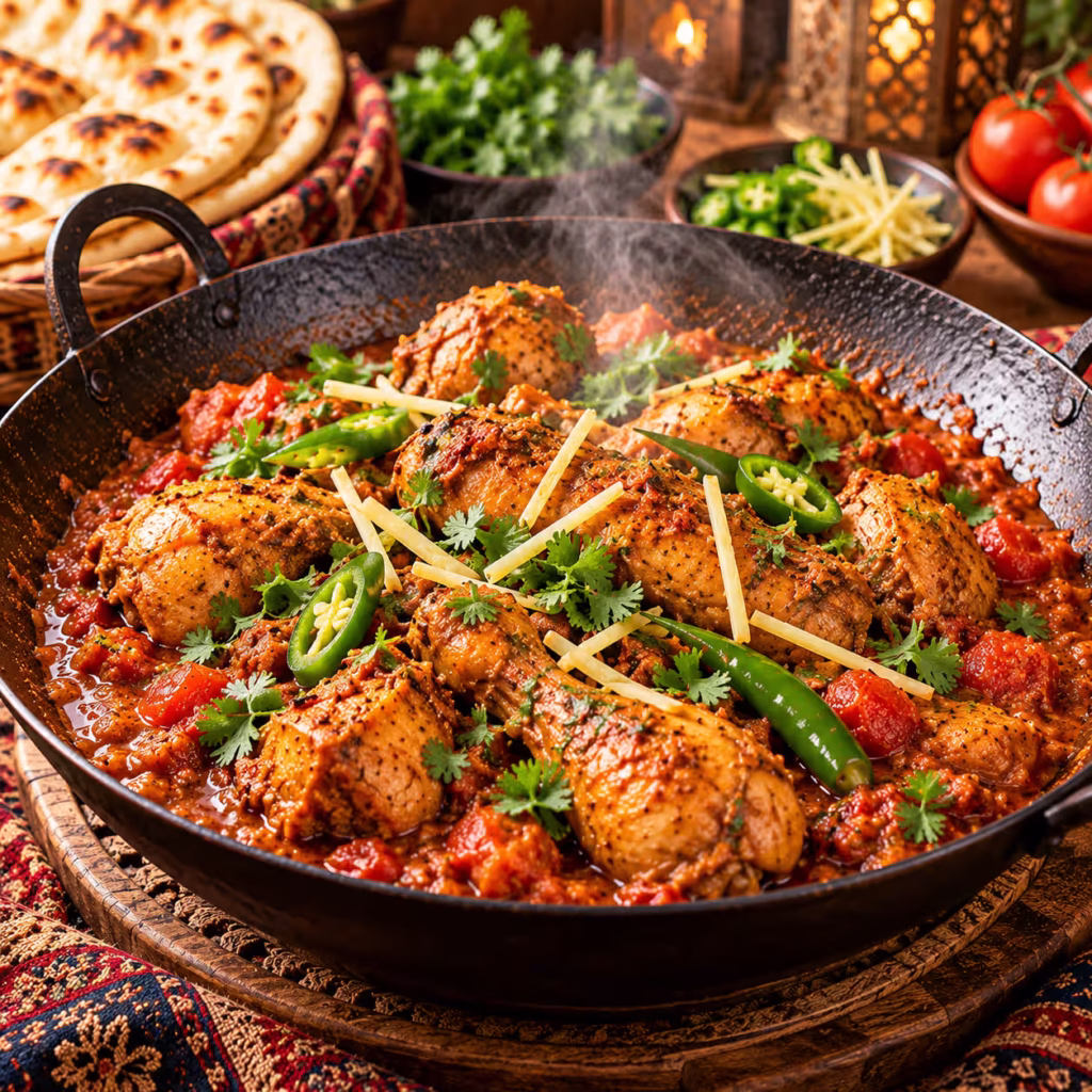 Traditional Punjabi chicken karahi with tender chicken, tomatoes, ginger, green chilies and fresh coriander