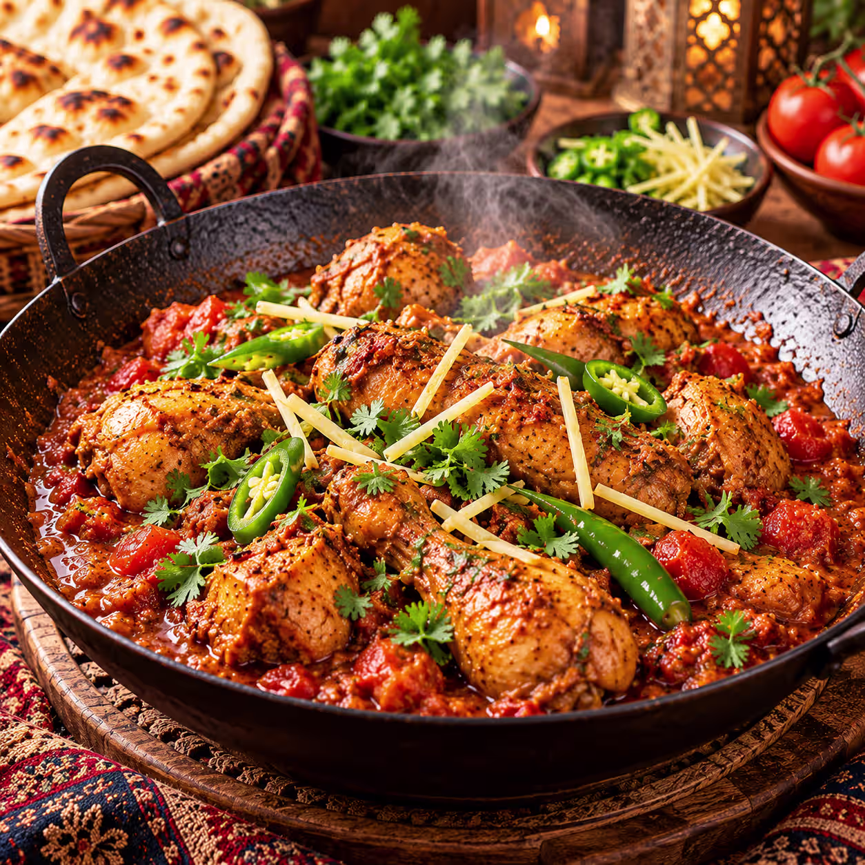 Traditional Punjabi chicken karahi with tender chicken, tomatoes, ginger, green chilies and fresh coriander