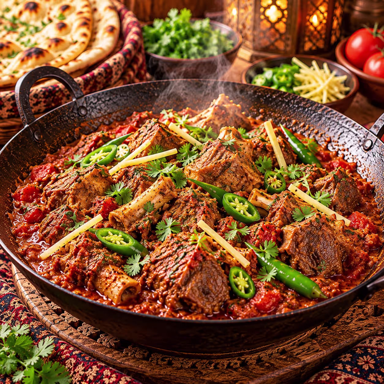 Traditional Punjabi mutton karahi with tender mutton, tomatoes, ginger, green chilies and fresh coriander