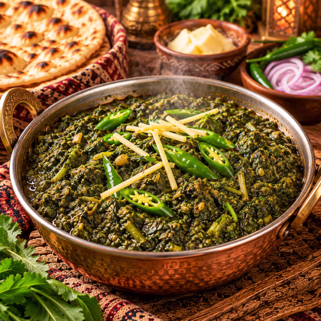 Traditional Punjabi saag made with leafy greens, green chilies, ginger and Punjabi spices