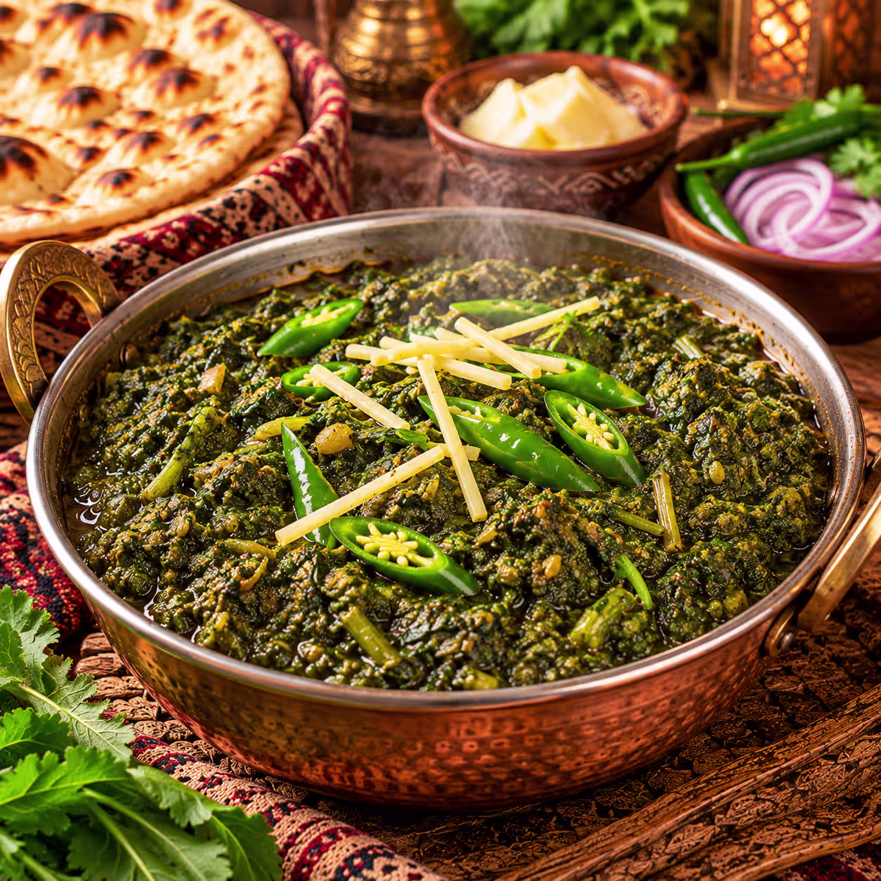 Traditional Punjabi saag made with leafy greens, green chilies, ginger and Punjabi spices