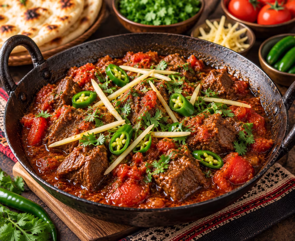Beef karahi recipe with tender beef, tomatoes, ginger and green chilies