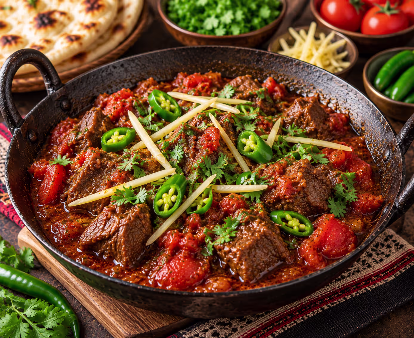 Beef karahi recipe with tender beef, tomatoes, ginger and green chilies