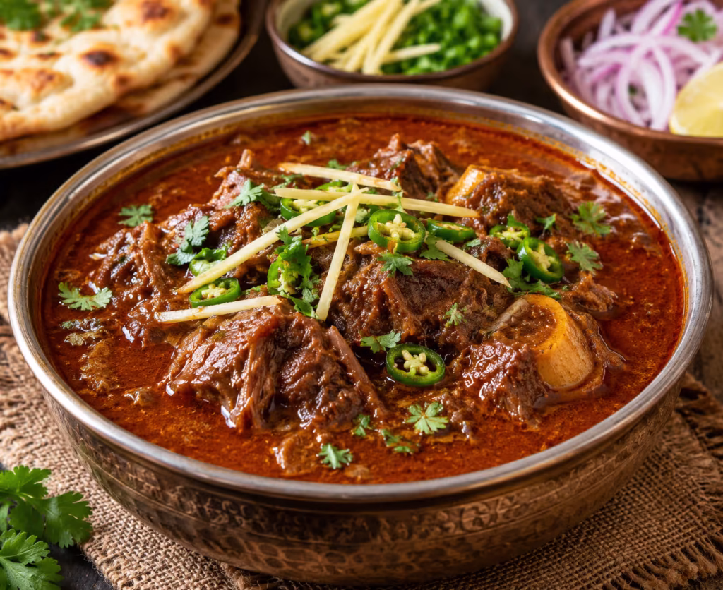 Beef nihari recipe with tender beef, rich gravy, ginger and green chilies