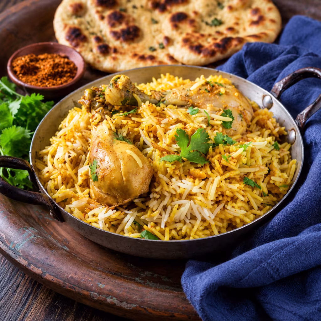 Chicken biryani with fluffy yellow and white basmati rice, tender chicken pieces, fresh coriander, and aromatic spices, served in a rustic metal pan with naan bread and spice masala on the side.