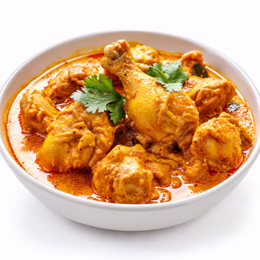 Pakistani chicken curry with tender chicken pieces and a drumstick in rich orange-red masala gravy, garnished with fresh coriander and served in a white bowl.