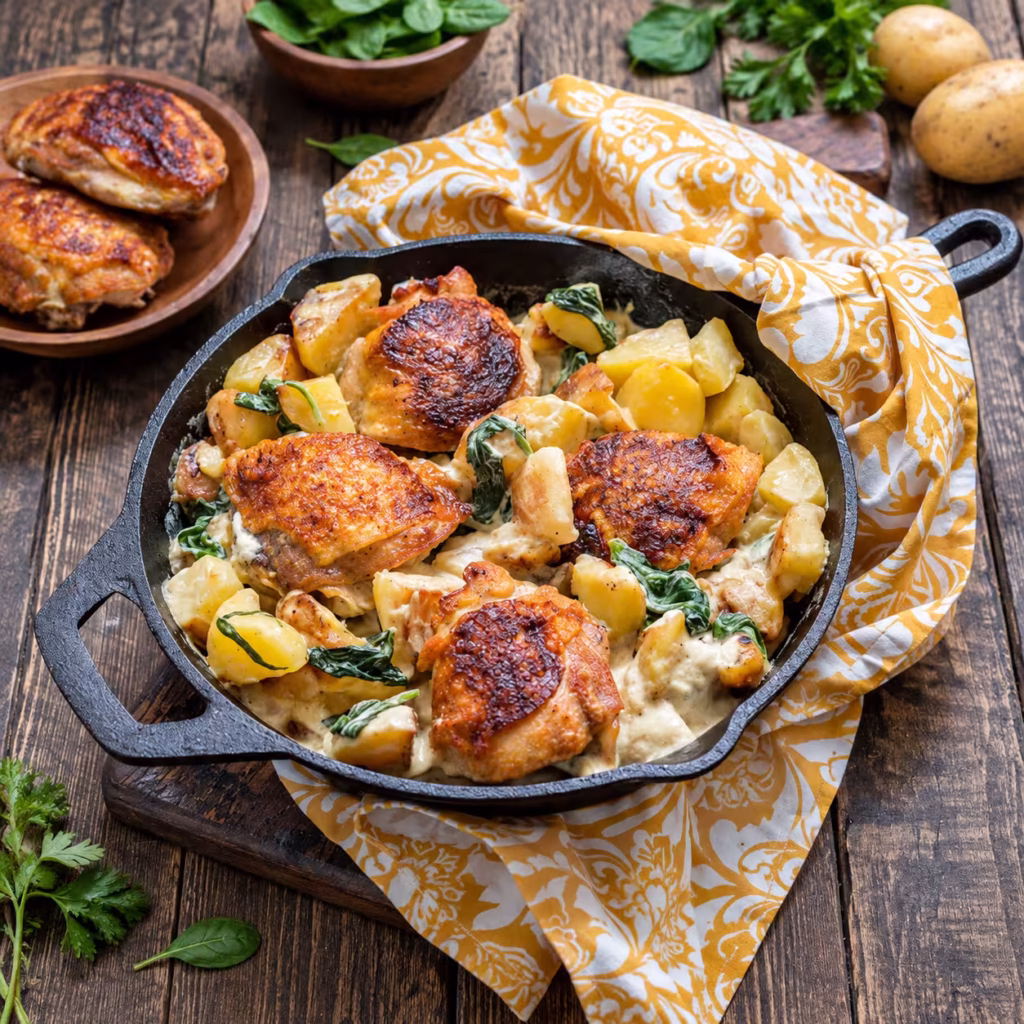 Creamy chicken and potato skillet with golden-brown roasted chicken thighs, tender potatoes, wilted spinach, and a rich creamy sauce, served in a cast-iron pan on a rustic wooden table.