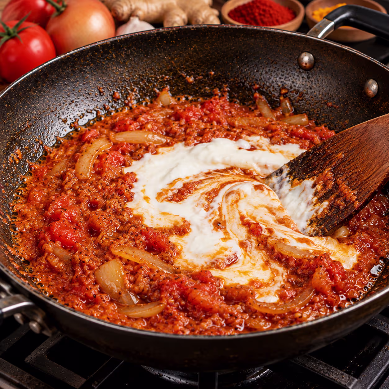 Joghurt in die Chicken Karahi einarbeiten