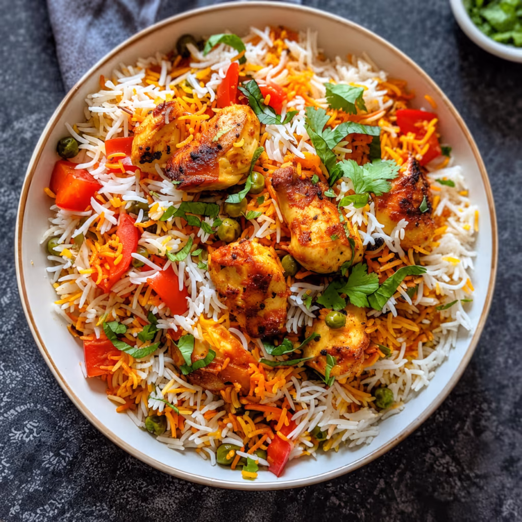 Pakistani chicken biryani topped with golden grilled chicken pieces, fluffy basmati rice, green peas, red peppers, and fresh coriander, served in a bowl on a dark stone surface.