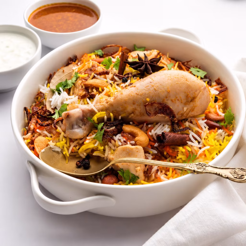Chicken biryani with a spiced chicken drumstick, aromatic basmati rice, fried onions, cashews, fresh herbs, and whole spices, served in a white bowl with curry sauce and yogurt raita on the side.