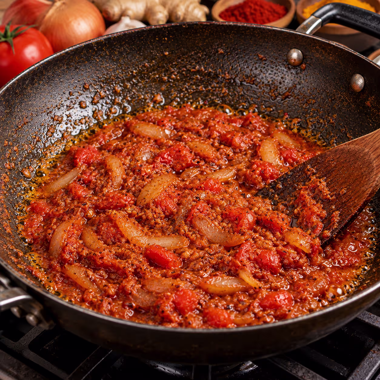 Tomatenmasala für Green Chili Chicken Karahi reduzieren