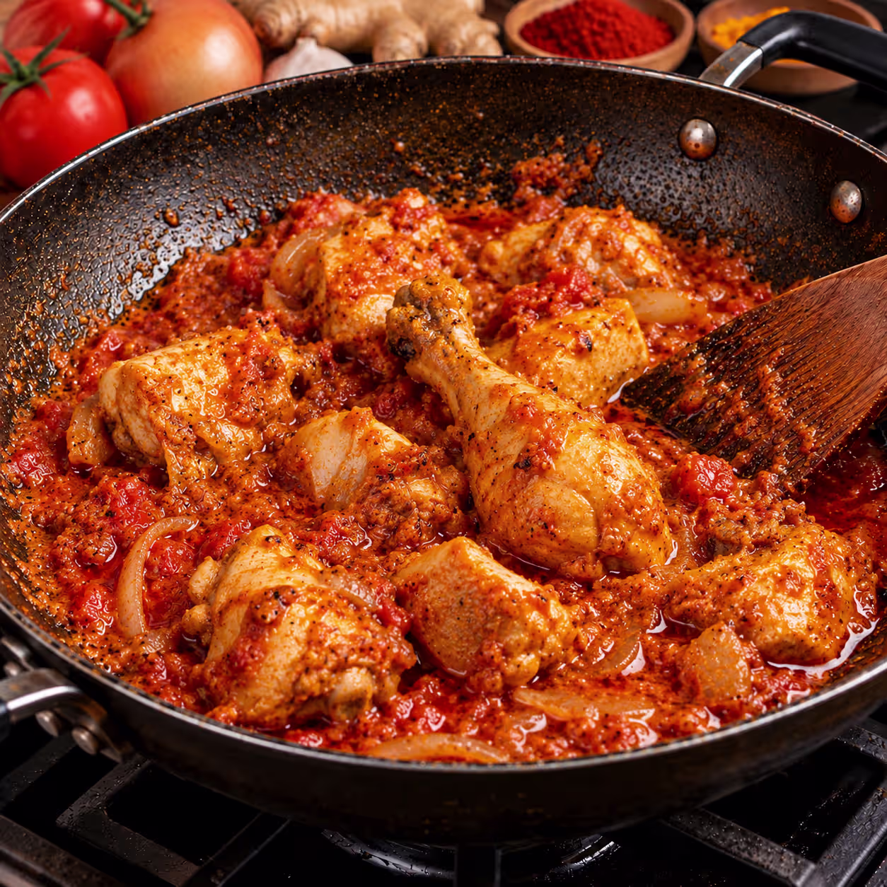 Hähnchenstücke in der Chicken-Curry-Sauce garen