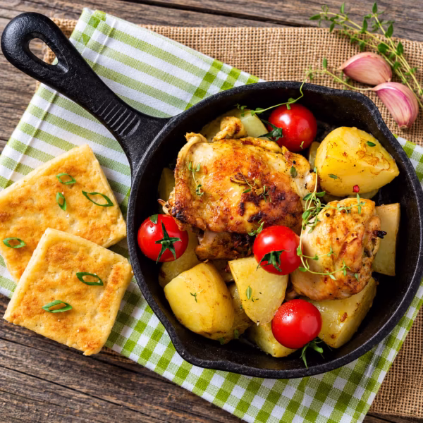 Einfaches Hähnchen mit Kartoffeln in goldener Masala-Sauce und Kräutern