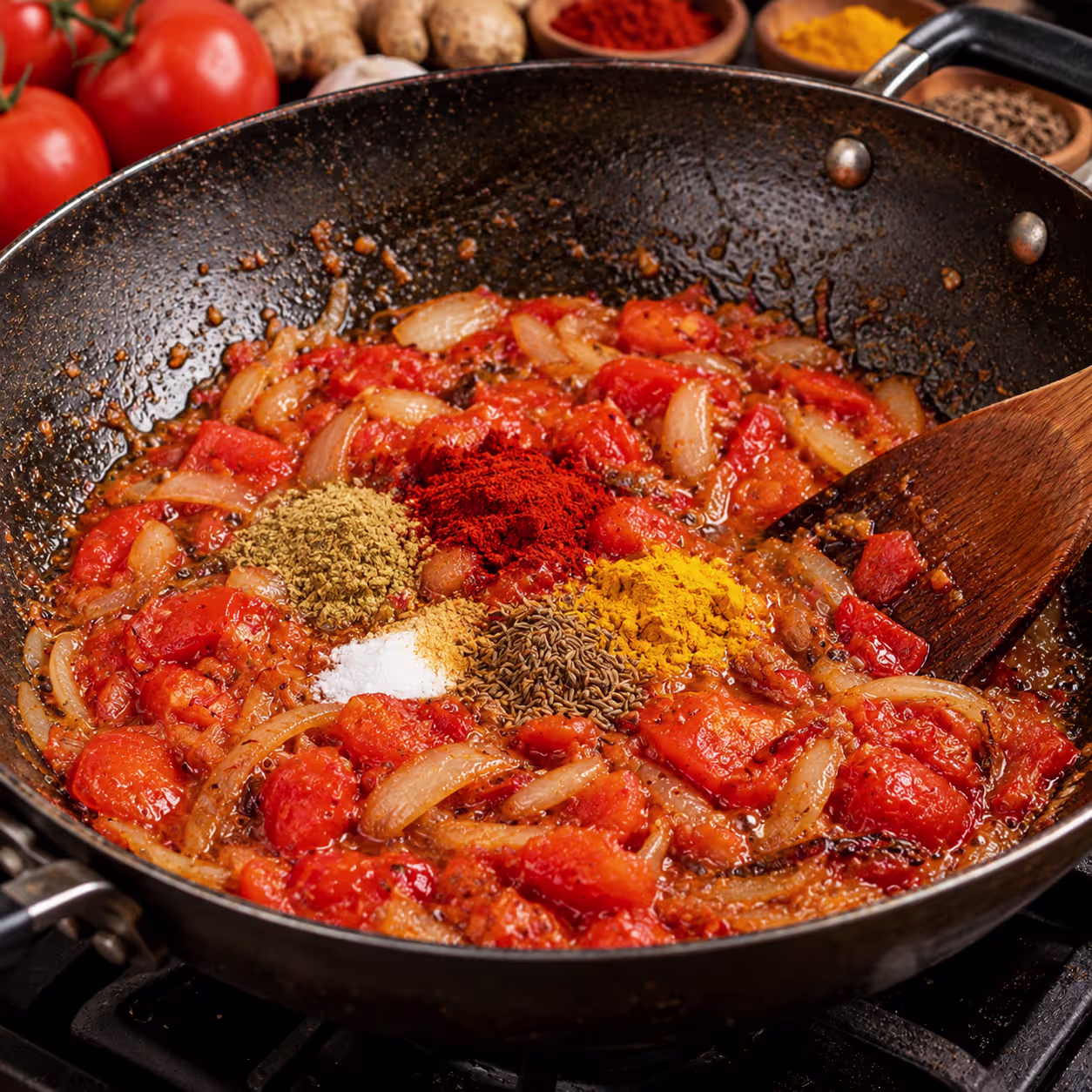 Tomaten und Gewürze für Green Chili Chicken Karahi