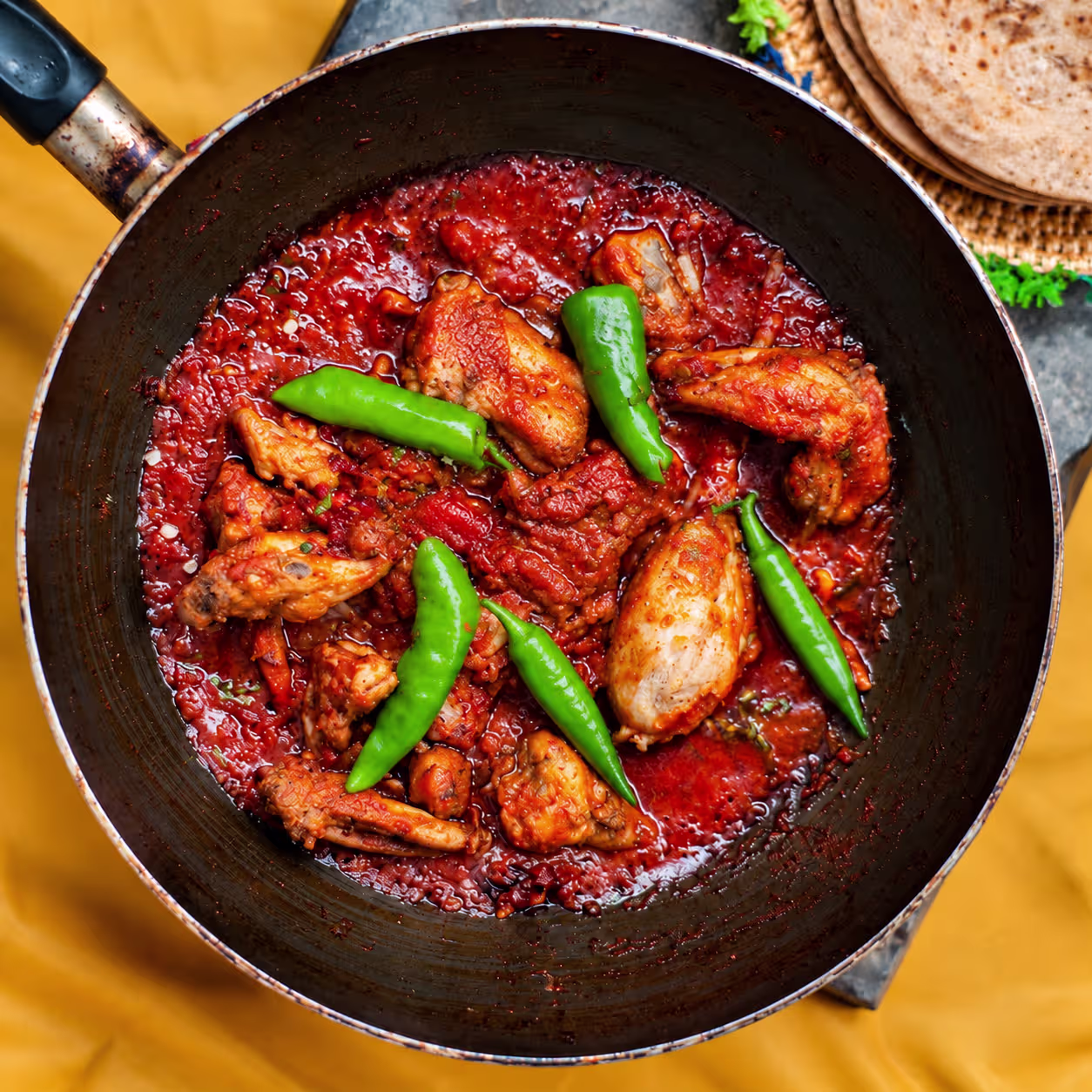Grüne Chilis und Hähnchen in Chicken Karahi garen
